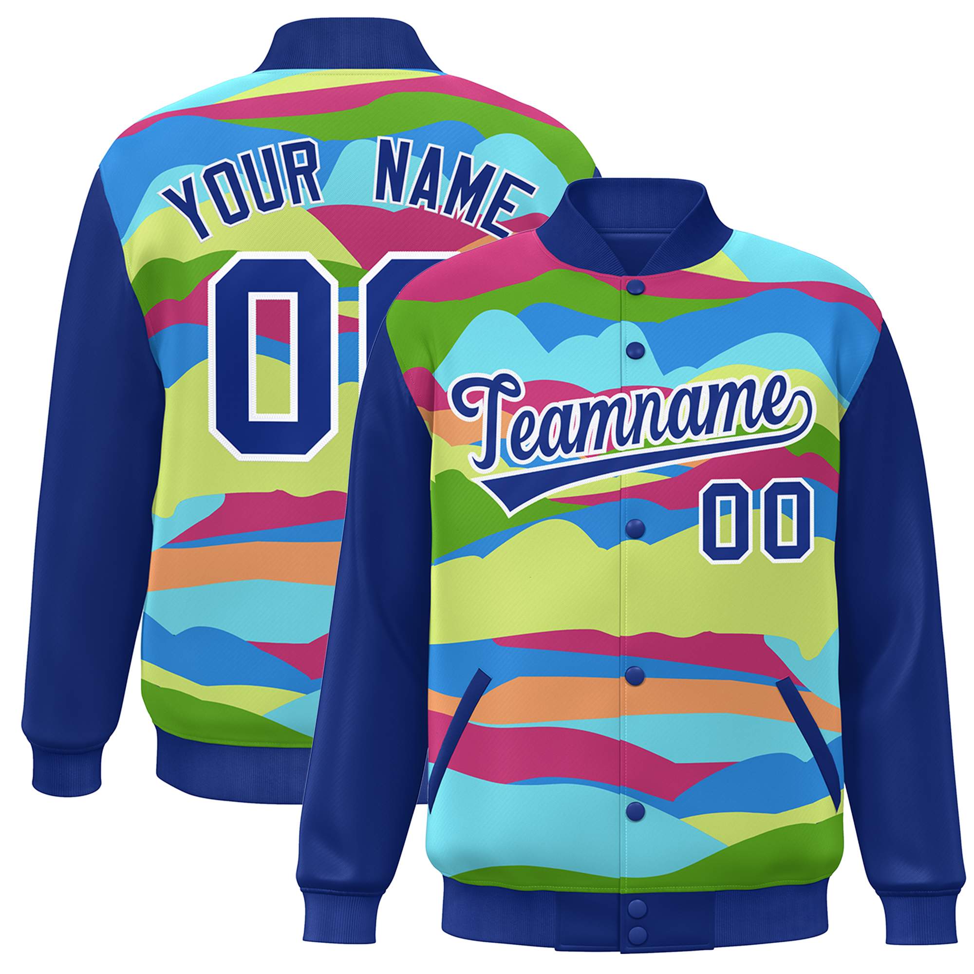 Custom Royal White Multi Clouds Graffiti Pattern Varsity Full-Snap Jacket