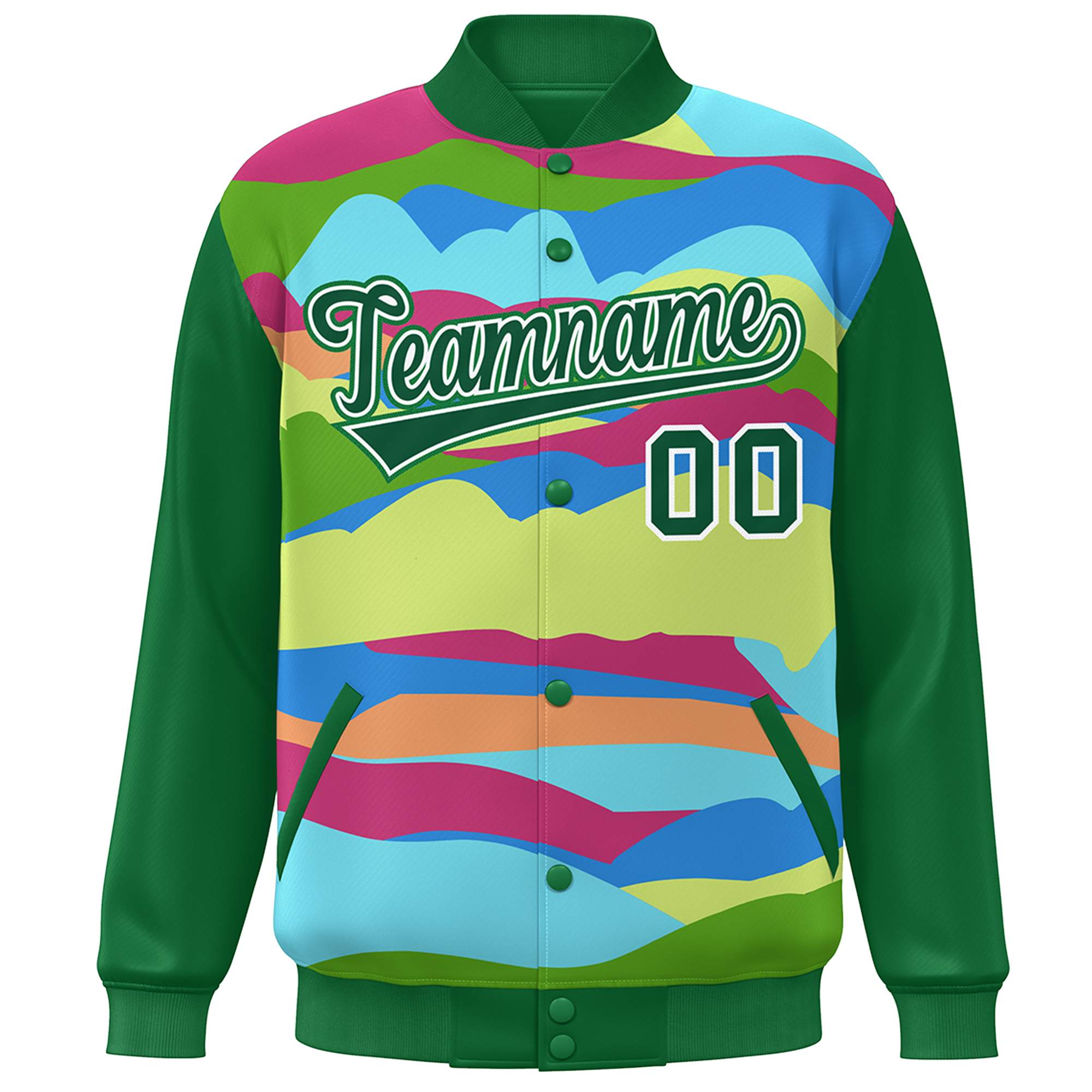 Custom Kelly Green White Multi Clouds Graffiti Pattern Varsity Full-Snap Jacket