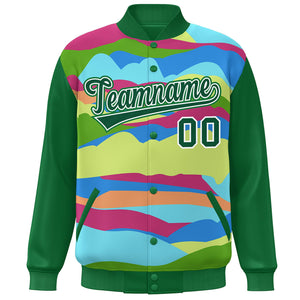 Custom Kelly Green White Multi Clouds Graffiti Pattern Varsity Full-Snap Jacket