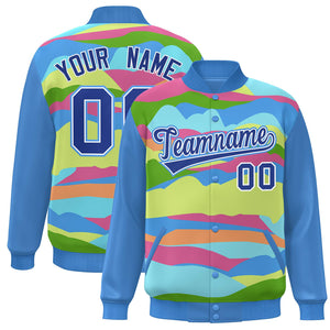 Custom Powder Blue Royal-White Multi Clouds Graffiti Pattern Varsity Full-Snap Jacket