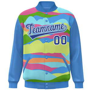 Custom Powder Blue Royal-White Multi Clouds Graffiti Pattern Varsity Full-Snap Jacket