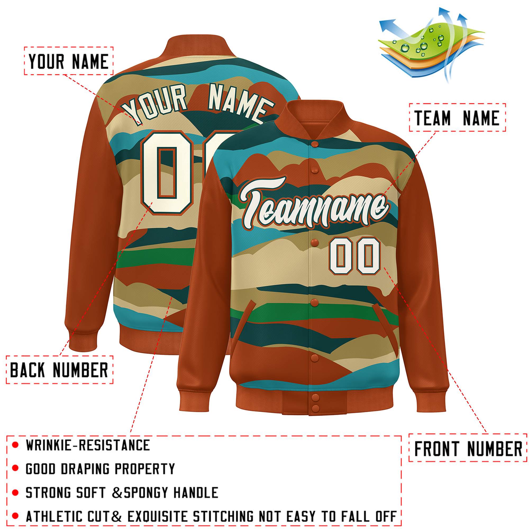 Custom Orange Khaki-Midnight Green Multi Clouds Graffiti Pattern Varsity Full-Snap Jacket