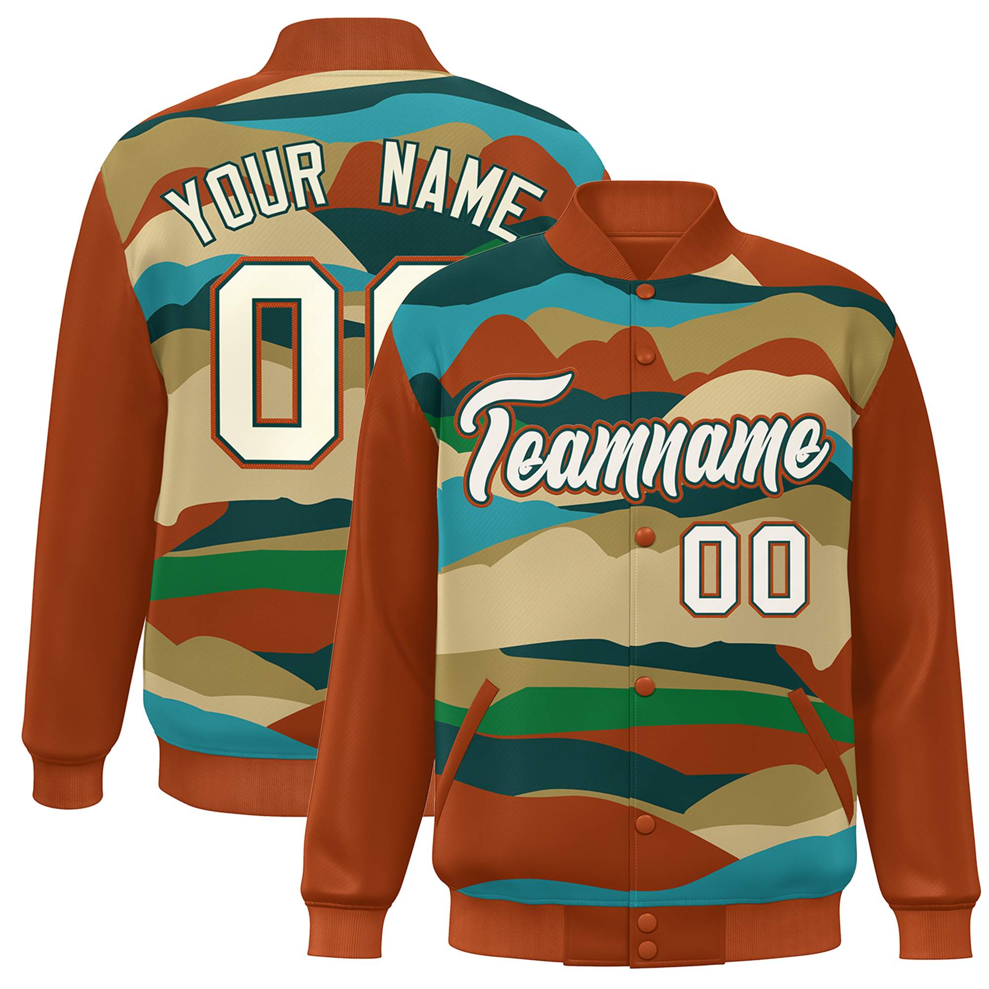 Custom Orange Khaki-Midnight Green Multi Clouds Graffiti Pattern Varsity Full-Snap Jacket