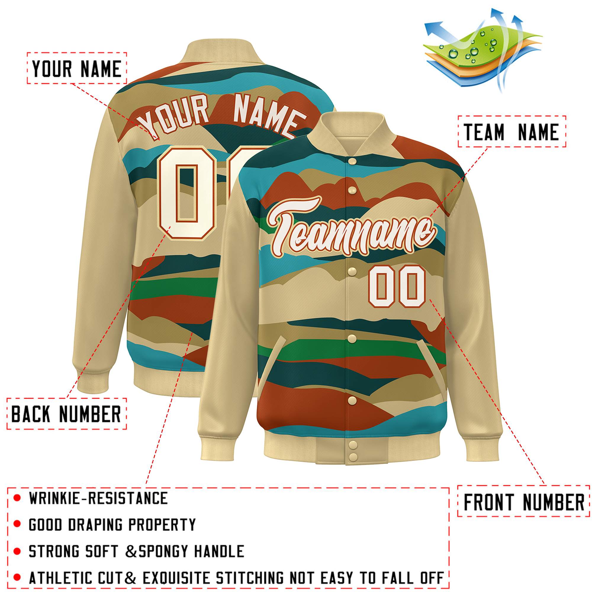 Custom Khaki Cream-Orange Multi Clouds Graffiti Pattern Varsity Full-Snap Jacket