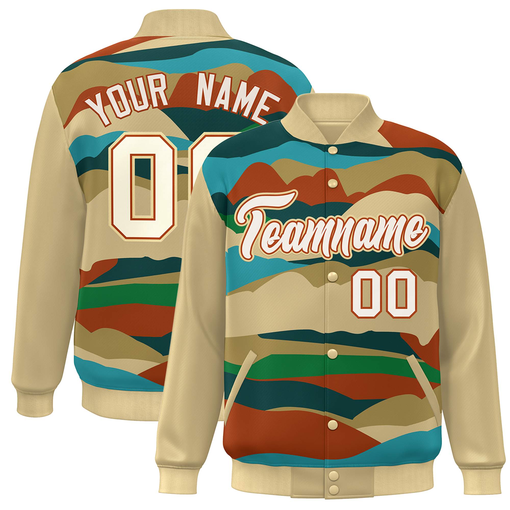 Custom Khaki Cream-Orange Multi Clouds Graffiti Pattern Varsity Full-Snap Jacket