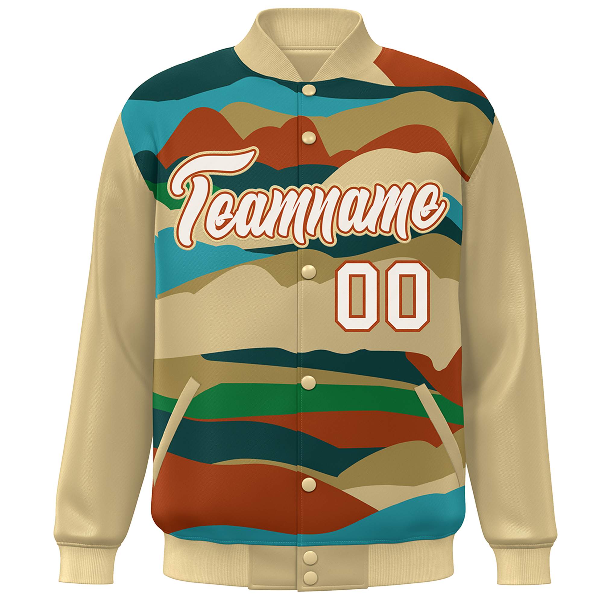 Custom Khaki Cream-Orange Multi Clouds Graffiti Pattern Varsity Full-Snap Jacket