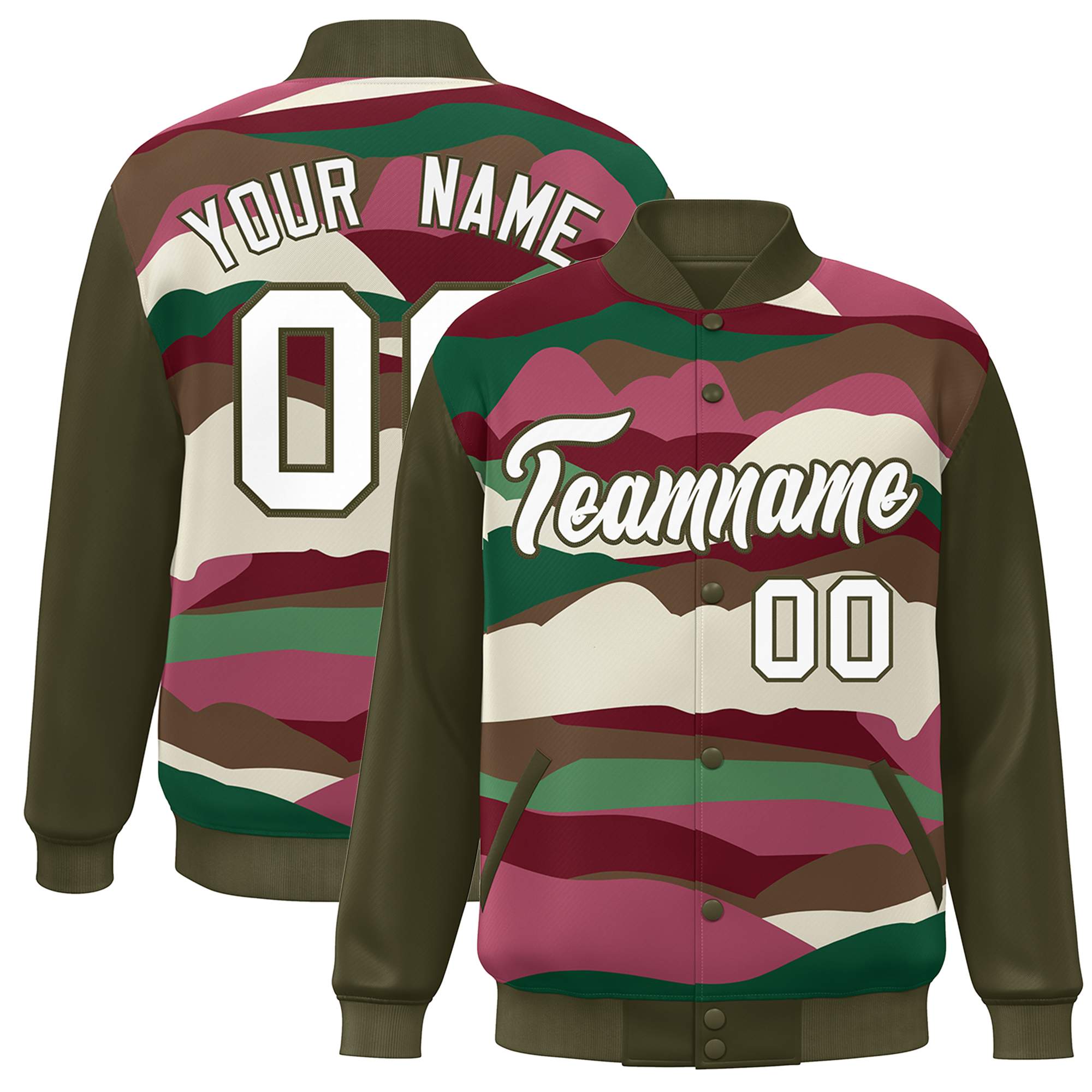 Custom Olive White Multi Clouds Graffiti Pattern Varsity Full-Snap Jacket