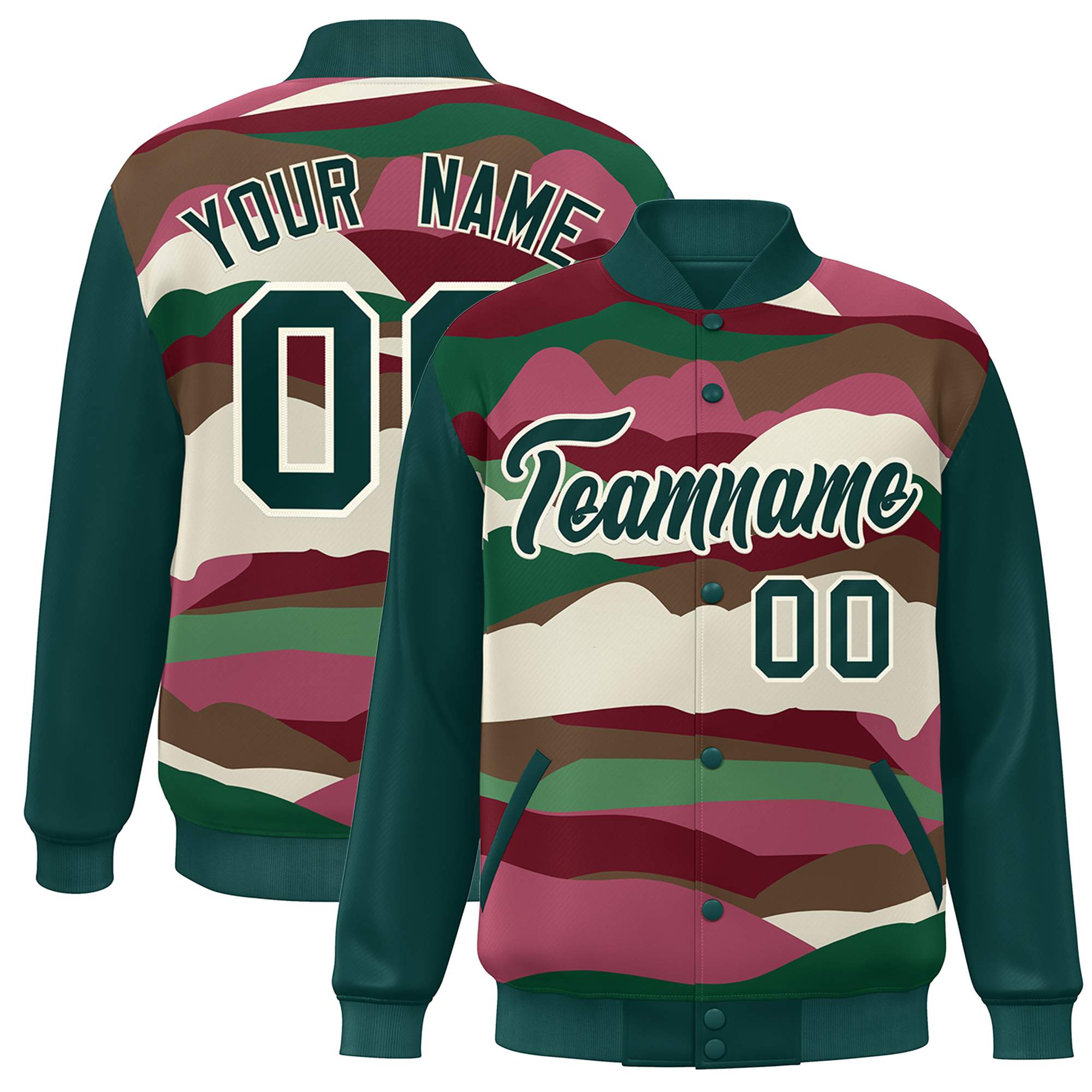 Custom Midnight Green Cream Multi Clouds Graffiti Pattern Varsity Full-Snap Jacket