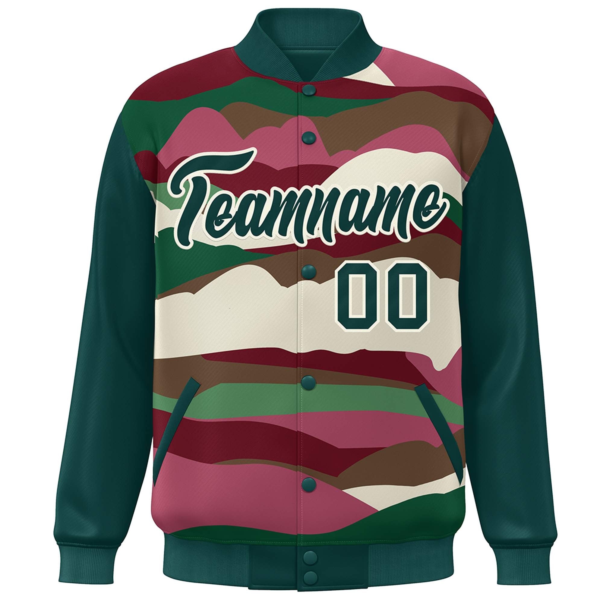 Custom Midnight Green Cream Multi Clouds Graffiti Pattern Varsity Full-Snap Jacket