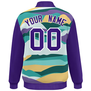 Custom Purple White Multi Clouds Graffiti Pattern Varsity Full-Snap Jacket