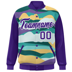 Custom Purple White Multi Clouds Graffiti Pattern Varsity Full-Snap Jacket