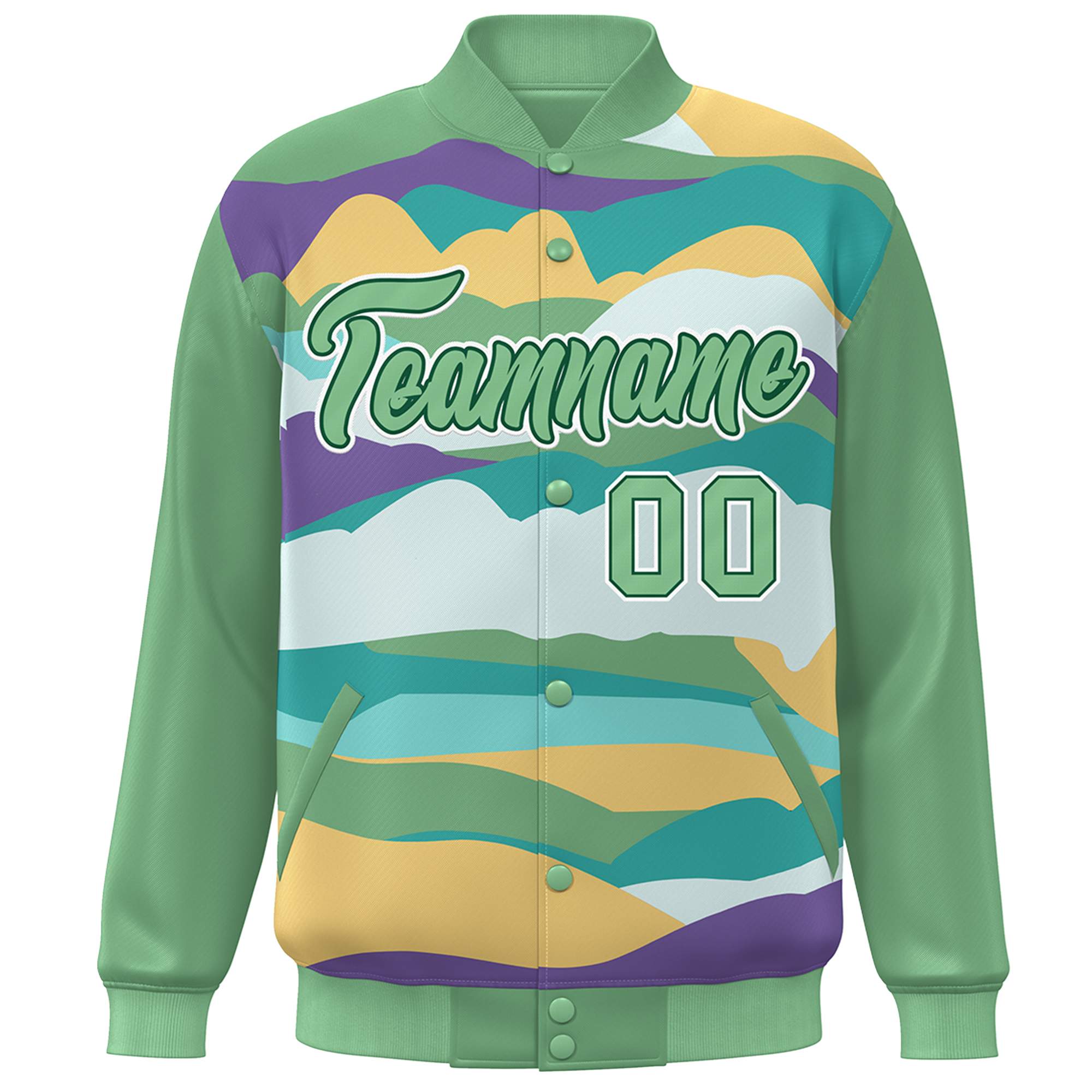 Custom Green White Multi Clouds Graffiti Pattern Varsity Full-Snap Jacket