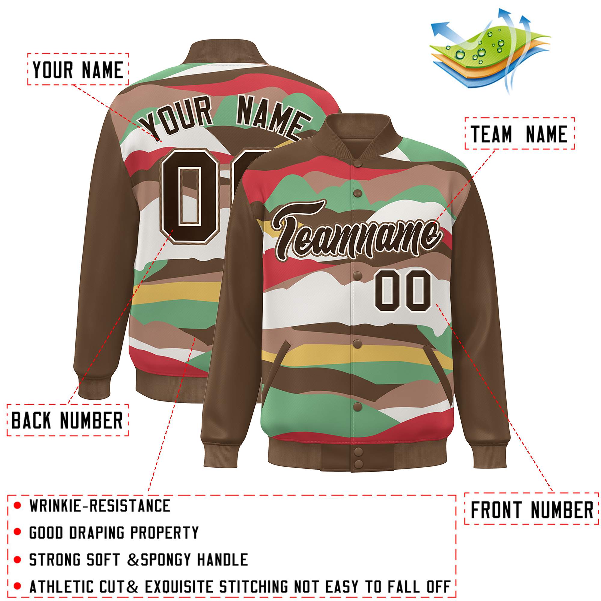 Custom Brown Khaki Multi Clouds Graffiti Pattern Varsity Full-Snap Jacket