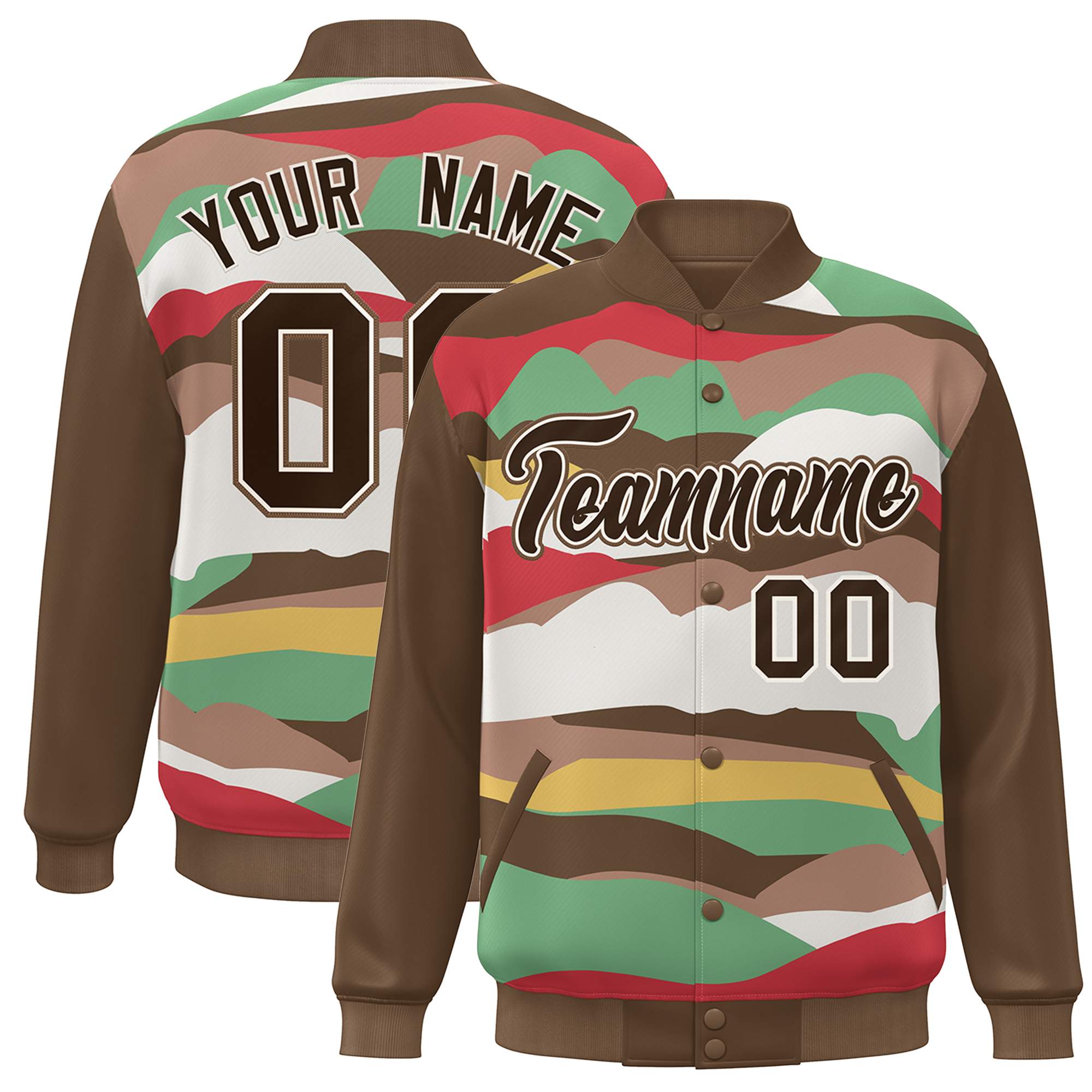 Custom Brown Khaki Multi Clouds Graffiti Pattern Varsity Full-Snap Jacket