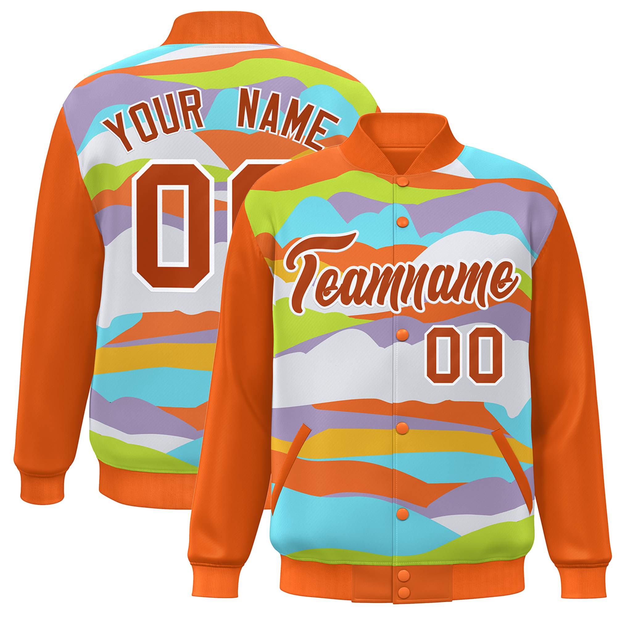 Custom Orange White Multi Clouds Graffiti Pattern Varsity Full-Snap Jacket