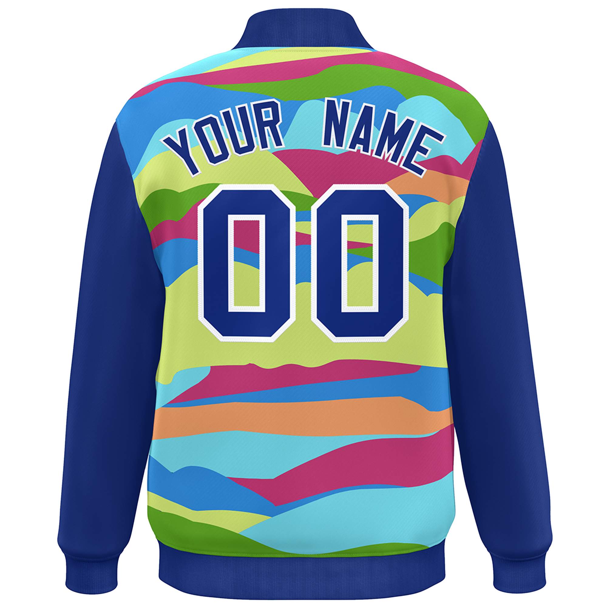 Custom Royal White Multi Clouds Graffiti Pattern Varsity Full-Snap Jacket