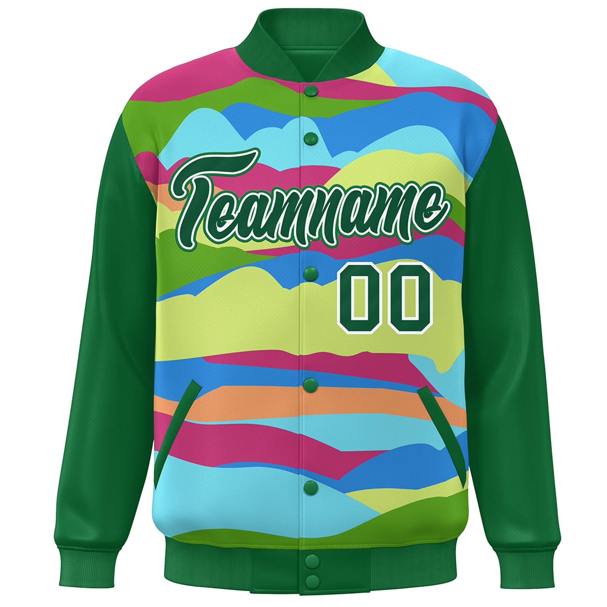 Custom Kelly Green White Multi Clouds Graffiti Pattern Varsity Full-Snap Jacket