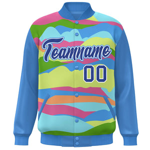 Custom Powder Blue Royal-White Multi Clouds Graffiti Pattern Varsity Full-Snap Jacket