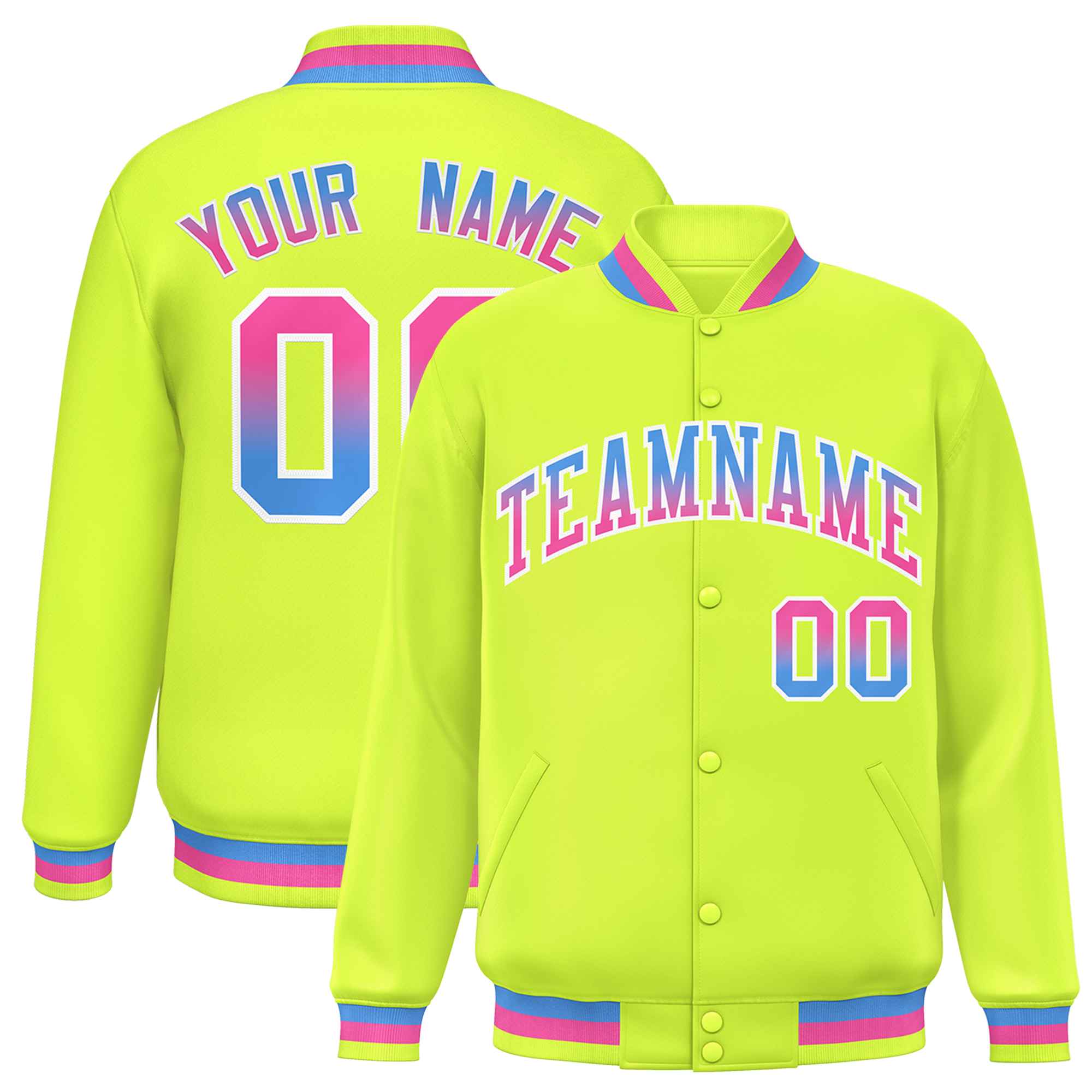 Custom Neon Green Varsity Full-Snap Gradient Font Letterman Baseball Jacket