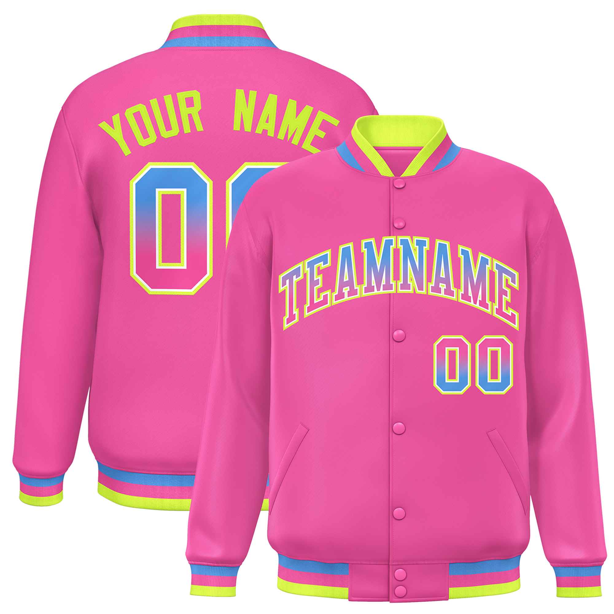 Custom Pink Varsity Full-Snap Gradient Font Letterman Baseball Jacket