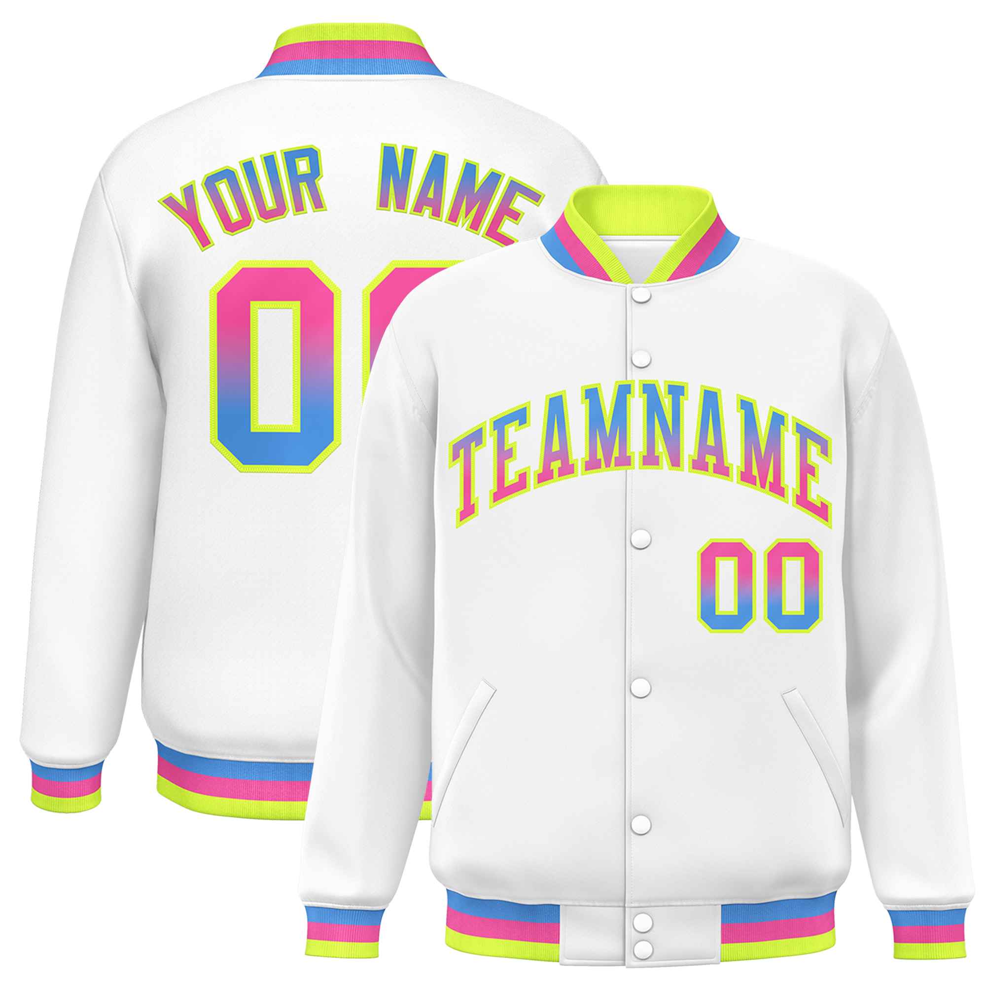 Custom White Varsity Full-Snap Gradient Font Letterman Baseball Jacket