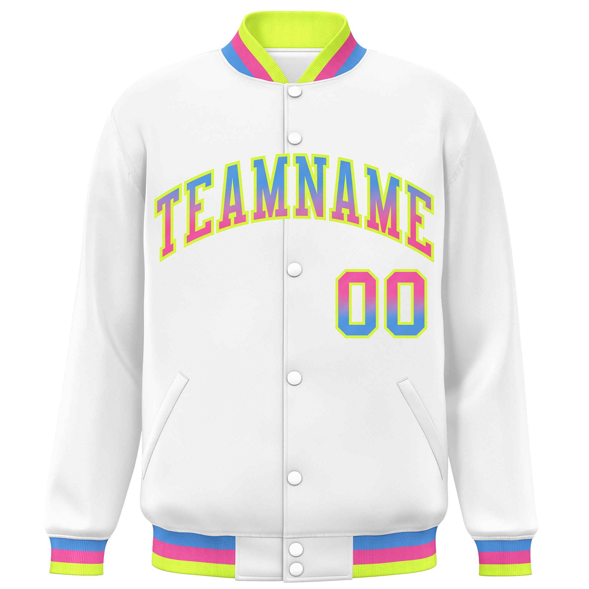 Custom White Varsity Full-Snap Gradient Font Letterman Baseball Jacket