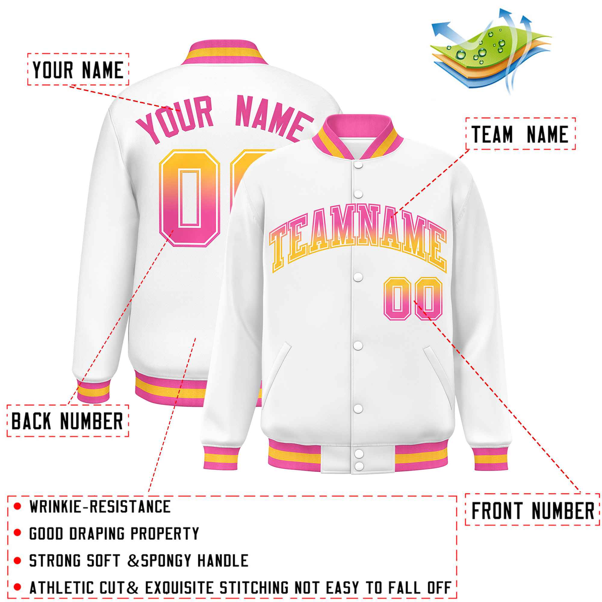 Custom White Varsity Full-Snap Gradient Font Letterman Baseball Jacket