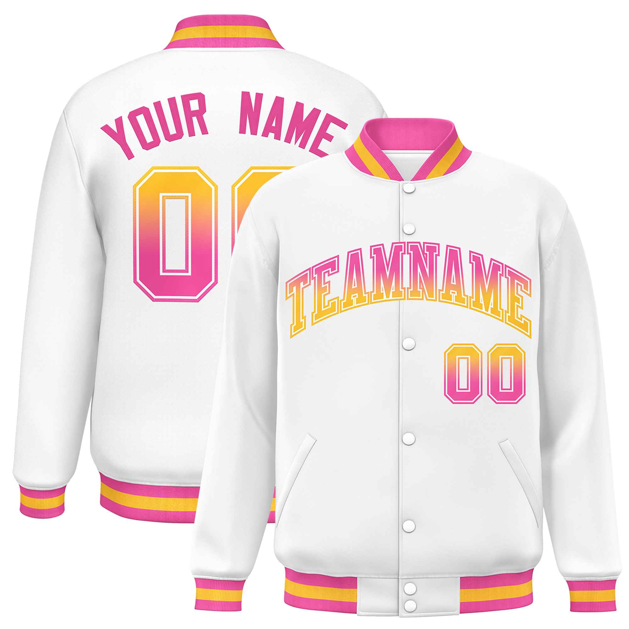 Custom White Varsity Full-Snap Gradient Font Letterman Baseball Jacket