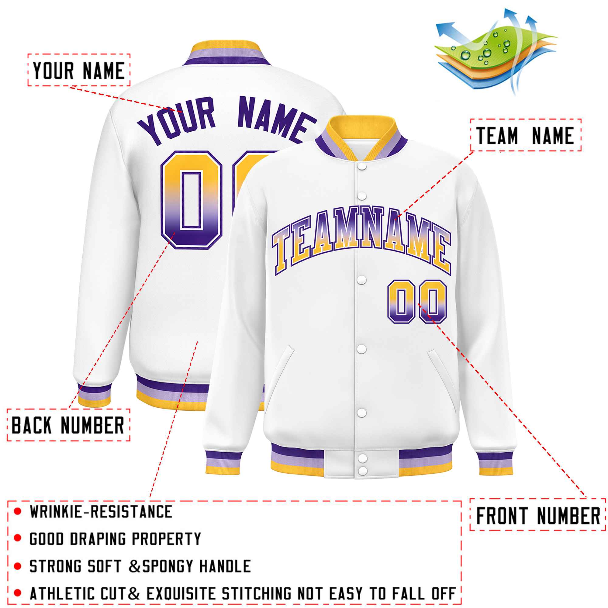 Custom White Varsity Full-Snap Gradient Font Letterman Baseball Jacket