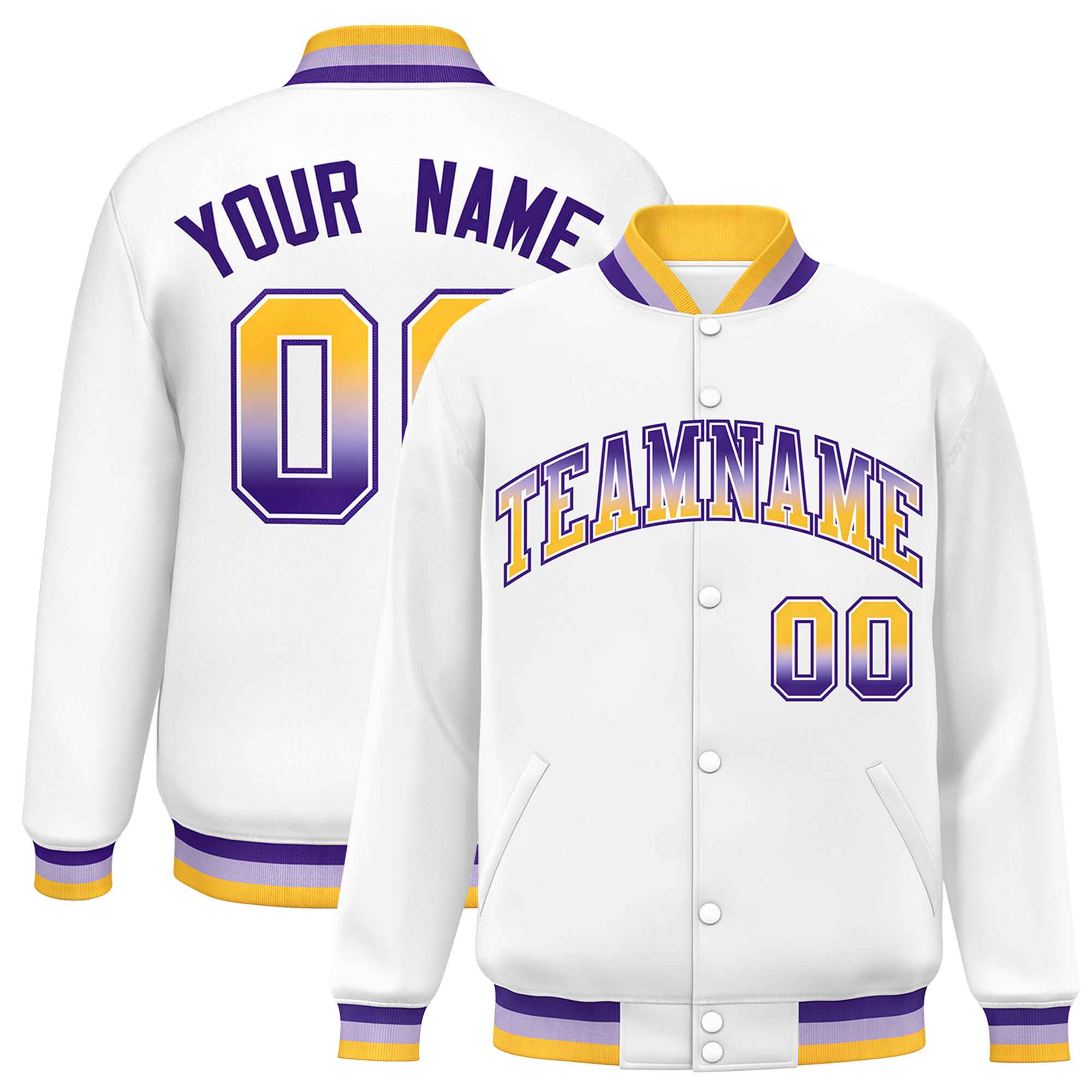 Custom White Varsity Full-Snap Gradient Font Letterman Baseball Jacket