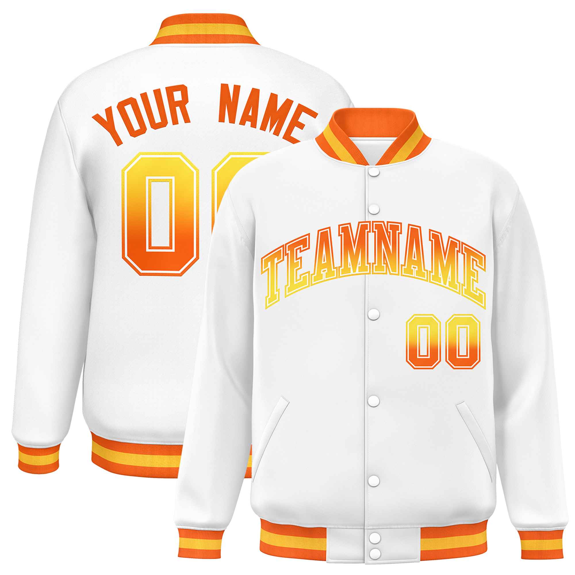 Custom White Varsity Full-Snap Gradient Font Letterman Baseball Jacket