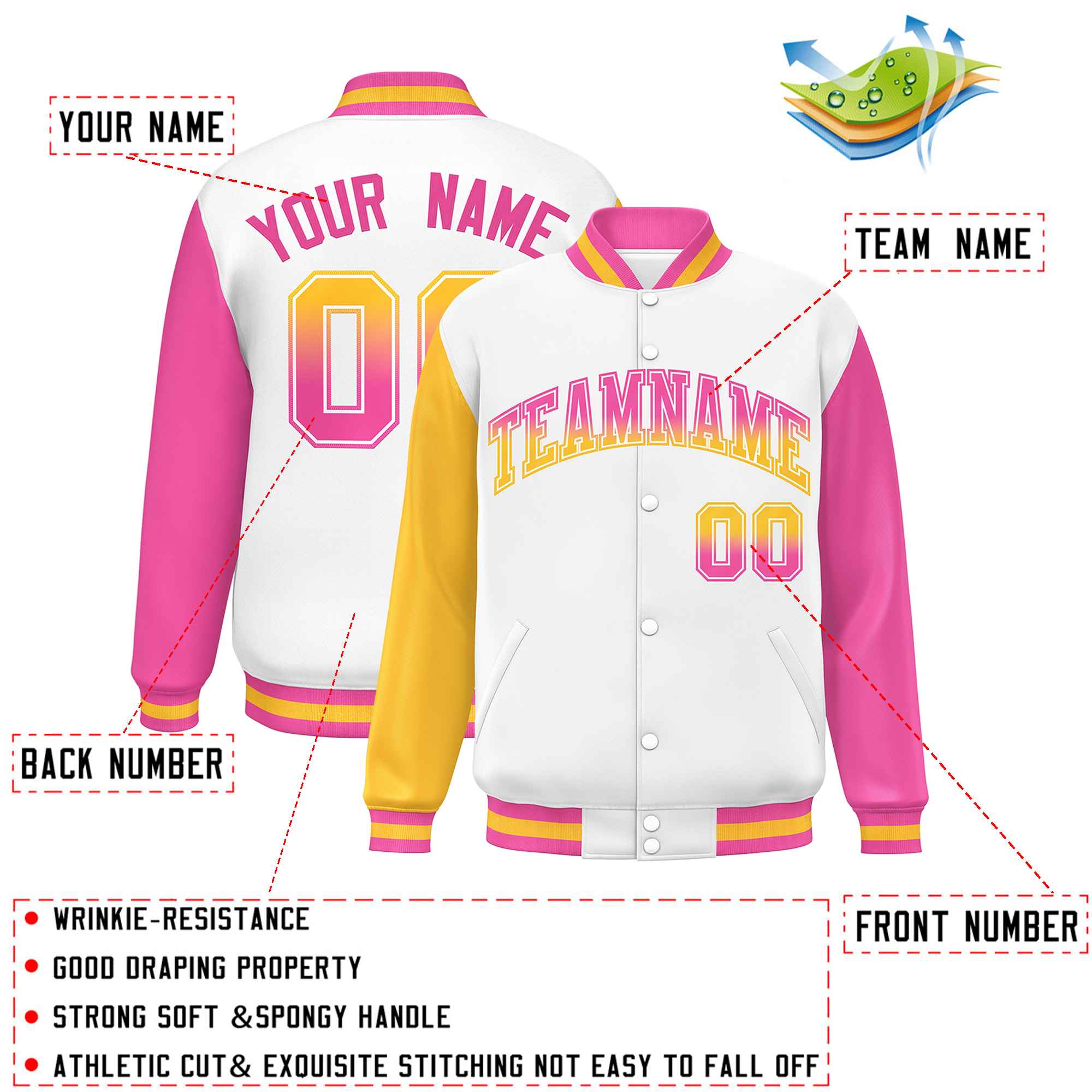 Custom White Gold-Pink Varsity Full-Snap Raglan Sleeves Letterman Baseball Jacket