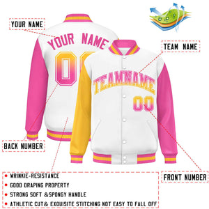 Custom White Gold-Pink Varsity Full-Snap Raglan Sleeves Letterman Baseball Jacket