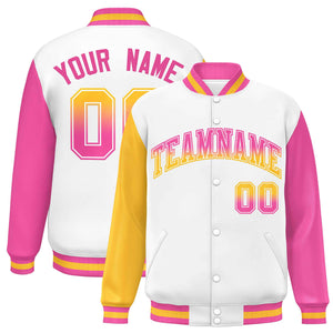 Custom White Gold-Pink Varsity Full-Snap Raglan Sleeves Letterman Baseball Jacket