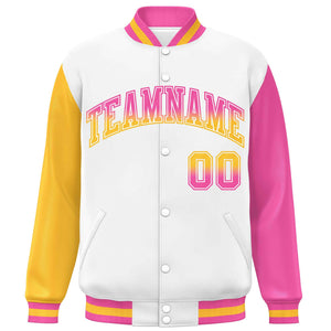 Custom White Gold-Pink Varsity Full-Snap Raglan Sleeves Letterman Baseball Jacket