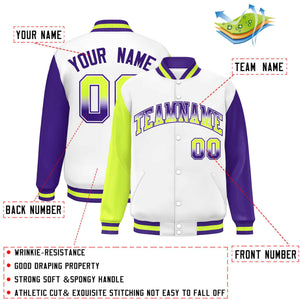 Custom White Neon Green-Purple Varsity Full-Snap Raglan Sleeves Letterman Baseball Jacket