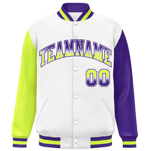 Custom White Neon Green-Purple Varsity Full-Snap Raglan Sleeves Letterman Baseball Jacket