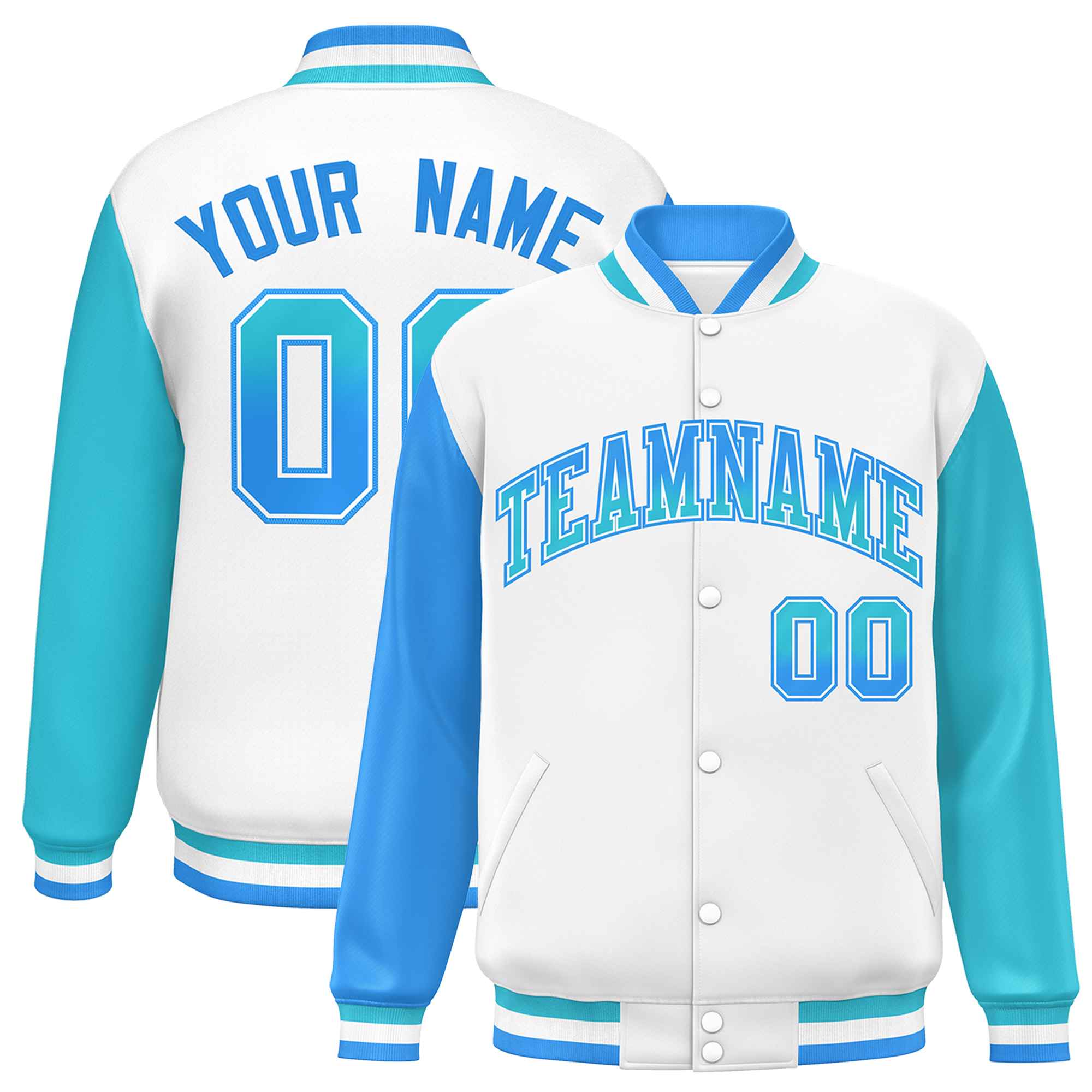 Custom White Powder Blue-Sky Blue Varsity Full-Snap Raglan Sleeves Letterman Baseball Jacket