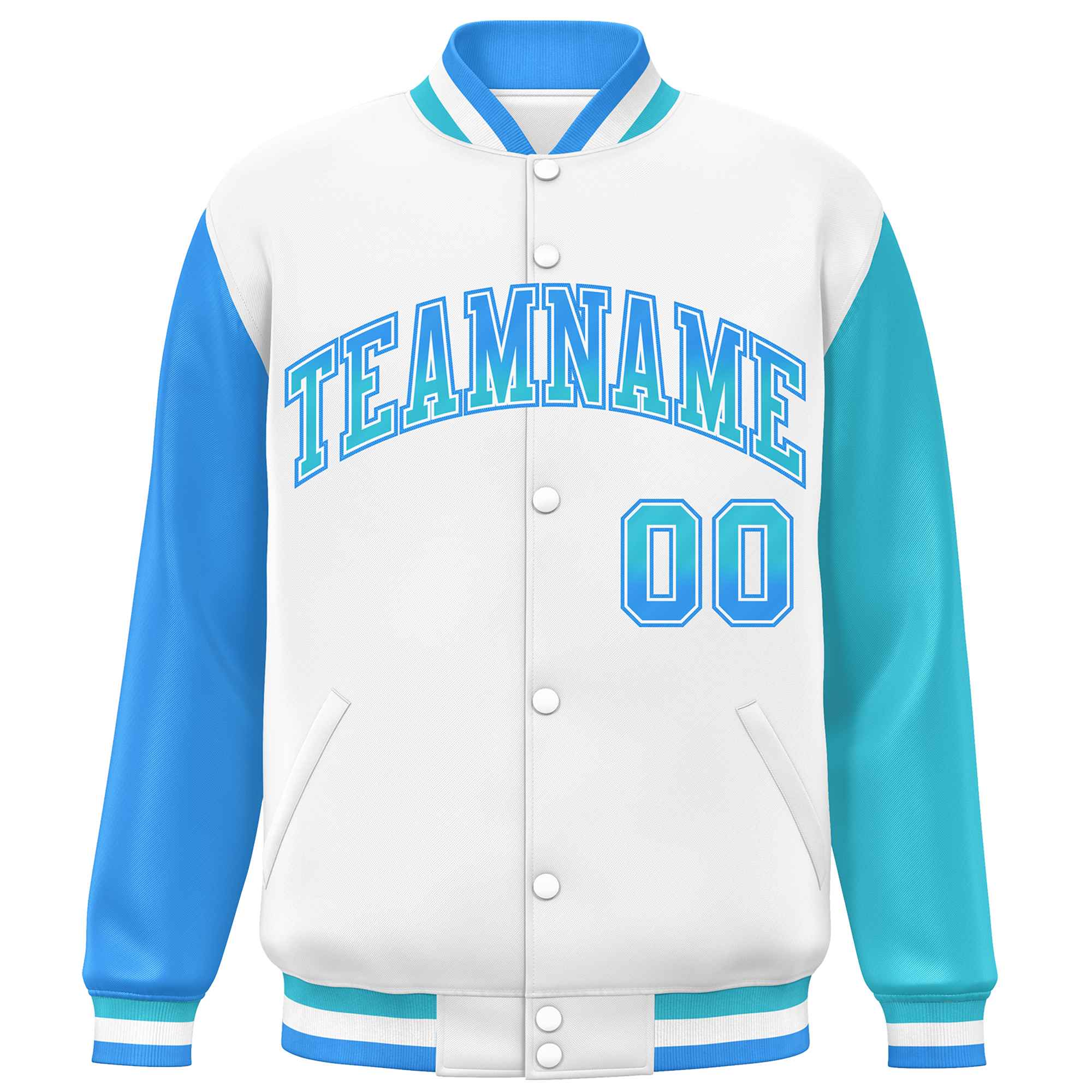 Custom White Powder Blue-Sky Blue Varsity Full-Snap Raglan Sleeves Letterman Baseball Jacket