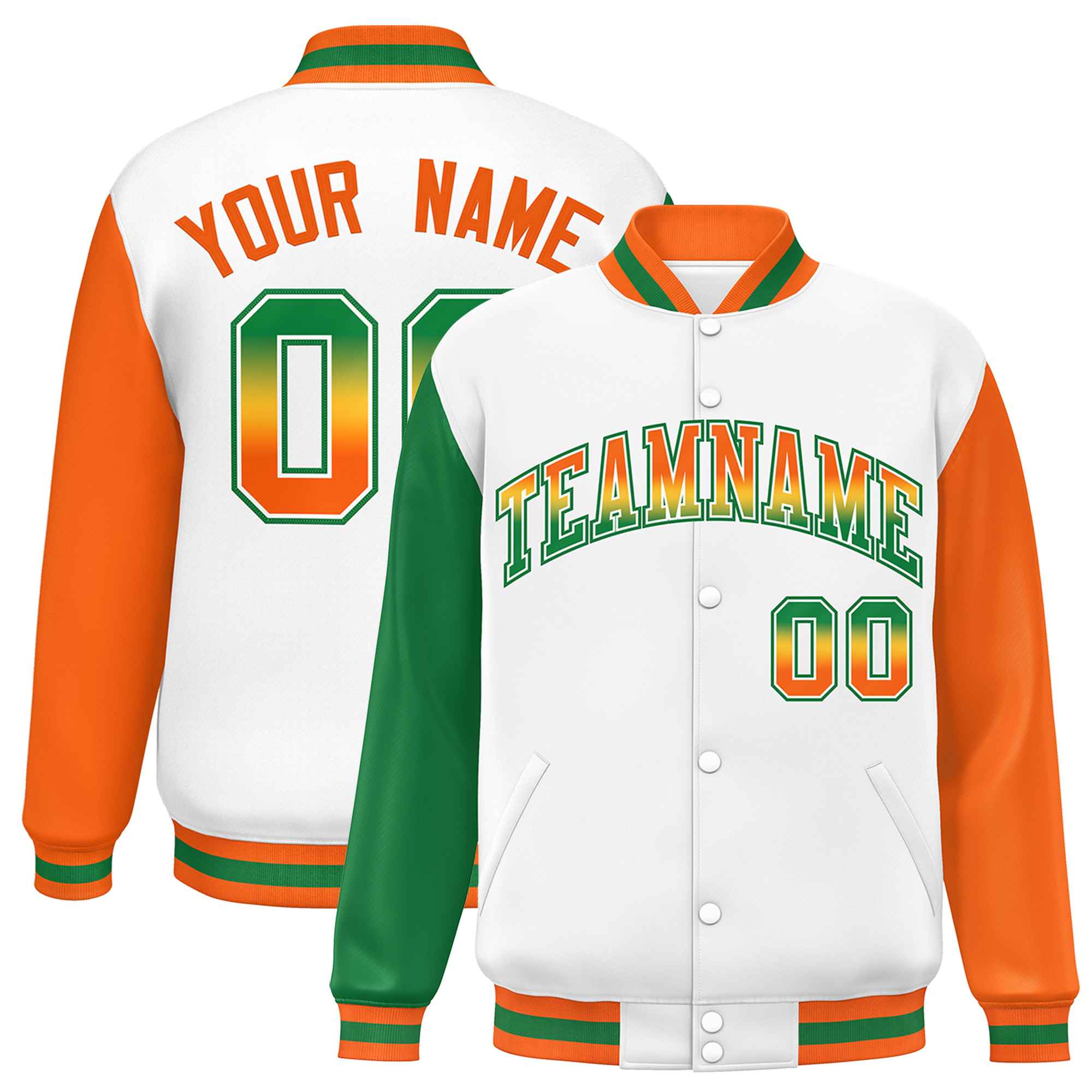 Custom White Kelly Green-Orange Varsity Full-Snap Raglan Sleeves Letterman Baseball Jacket