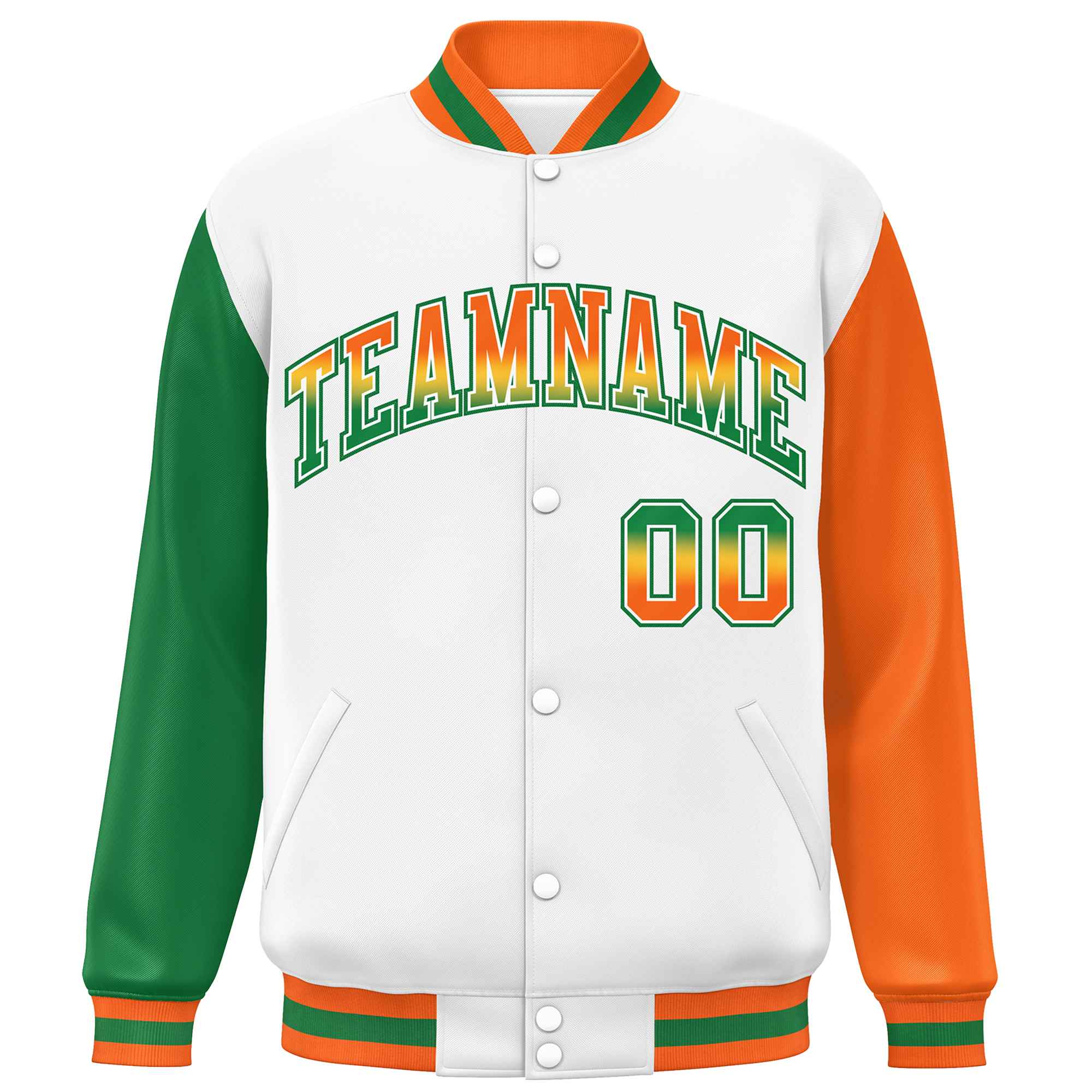 Custom White Kelly Green-Orange Varsity Full-Snap Raglan Sleeves Letterman Baseball Jacket