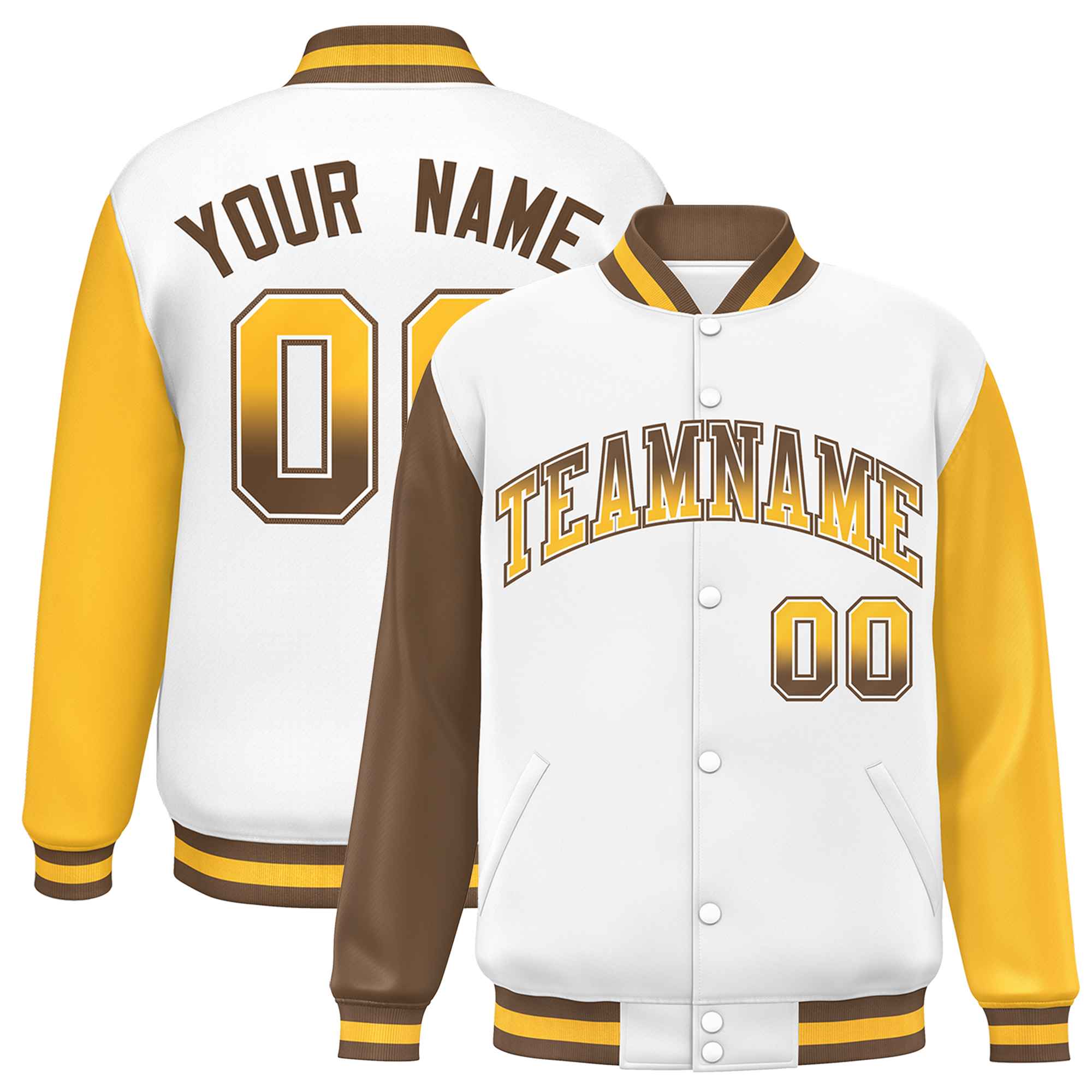 Custom White Light Brown-Gold Varsity Full-Snap Raglan Sleeves Letterman Baseball Jacket