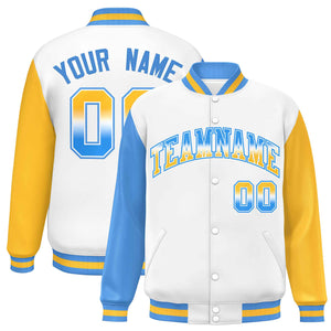 Custom White Powder Blue-Gold Varsity Full-Snap Raglan Sleeves Letterman Baseball Jacket