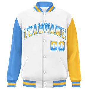 Custom White Powder Blue-Gold Varsity Full-Snap Raglan Sleeves Letterman Baseball Jacket