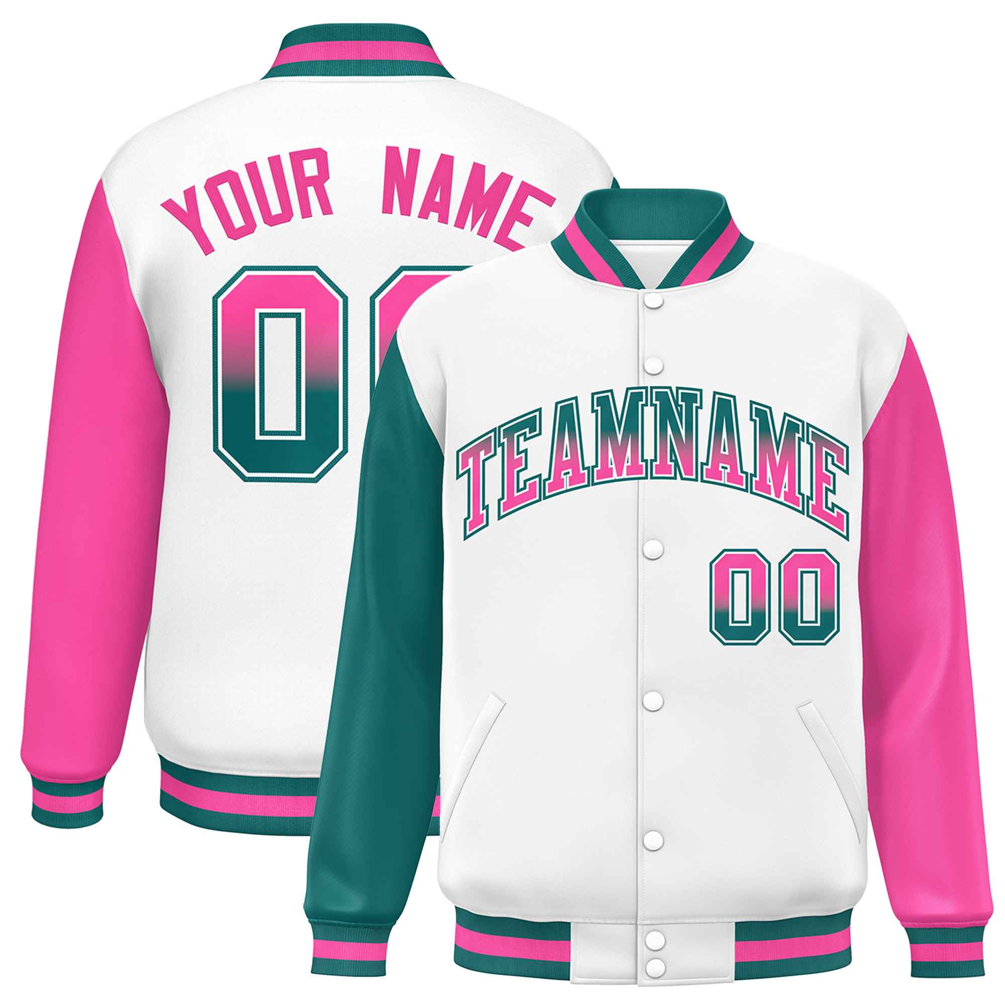 Custom White Aqua-Pink Varsity Full-Snap Raglan Sleeves Letterman Baseball Jacket