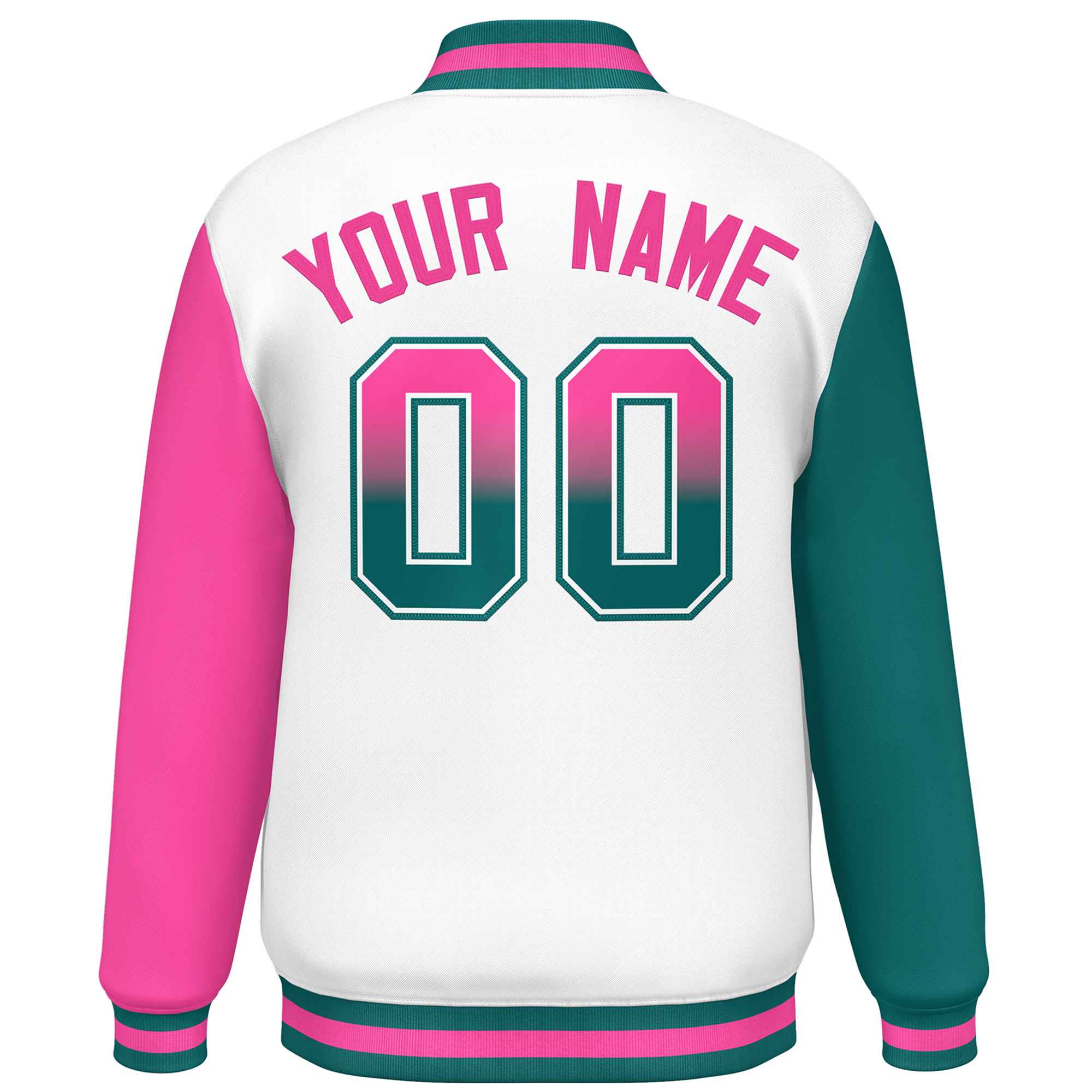 Custom White Aqua-Pink Varsity Full-Snap Raglan Sleeves Letterman Baseball Jacket