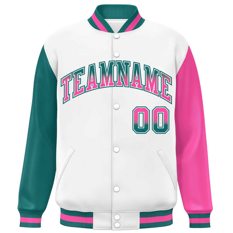 Custom White Aqua-Pink Varsity Full-Snap Raglan Sleeves Letterman Baseball Jacket