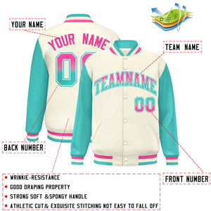 Custom Cream Aqua Varsity Full-Snap Raglan Sleeves Letterman Baseball Jacket