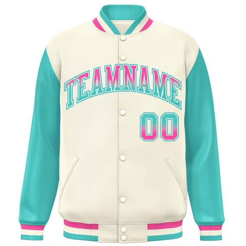 Custom Cream Aqua Varsity Full-Snap Raglan Sleeves Letterman Baseball Jacket