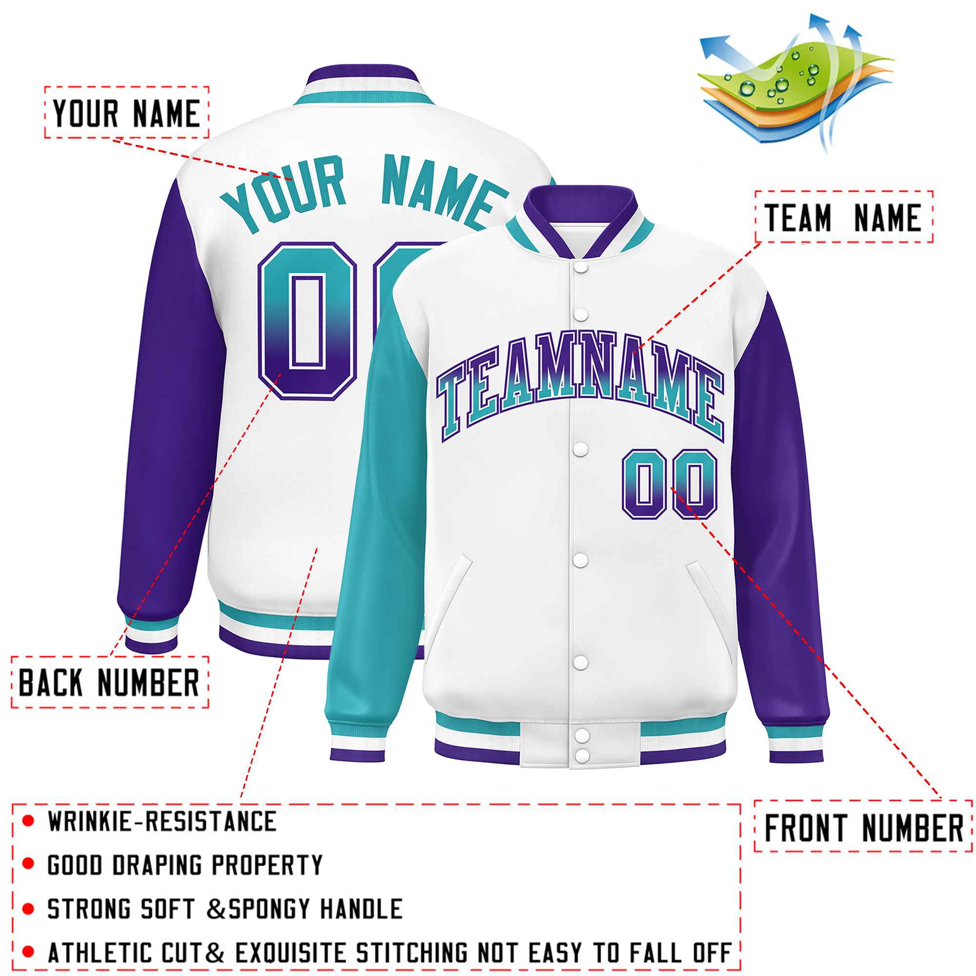 Custom White Aqua-Purple Varsity Full-Snap Raglan Sleeves Letterman Baseball Jacket